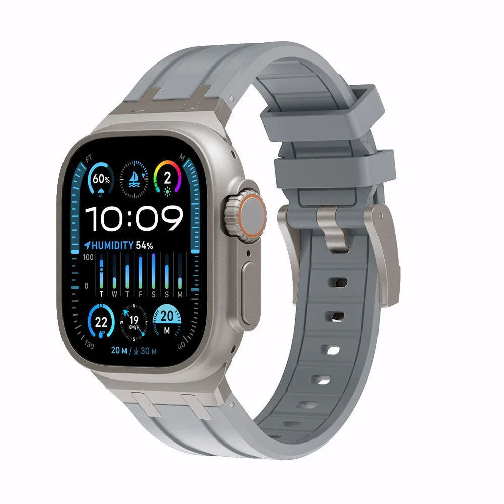 Silver smartwatch with gray silicone strap showing weather, humidity, time, and activity metrics on display