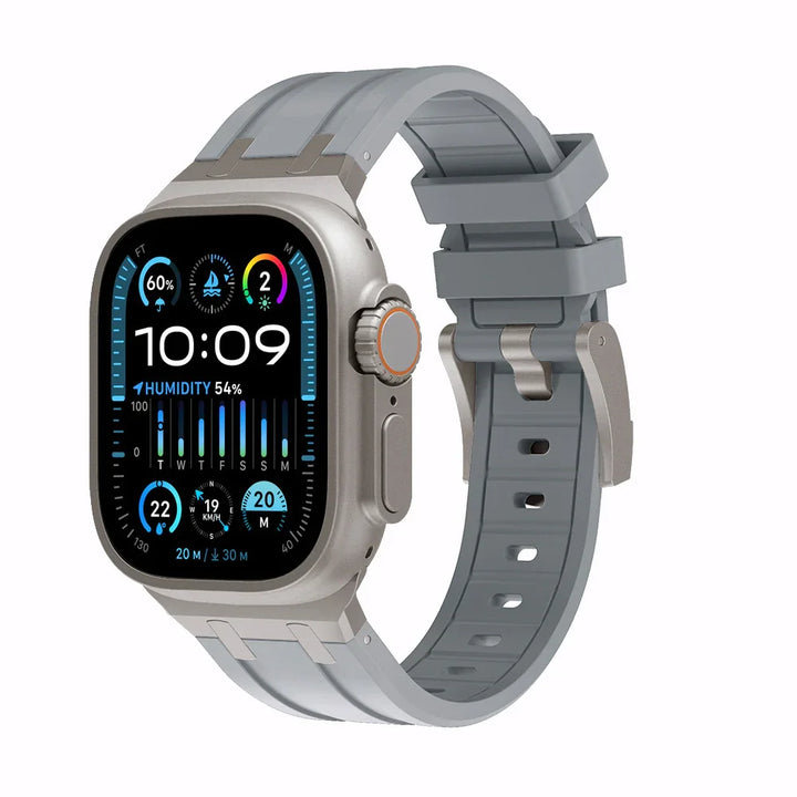 Silver smartwatch with gray silicone strap showing weather, humidity, time, and activity metrics on display