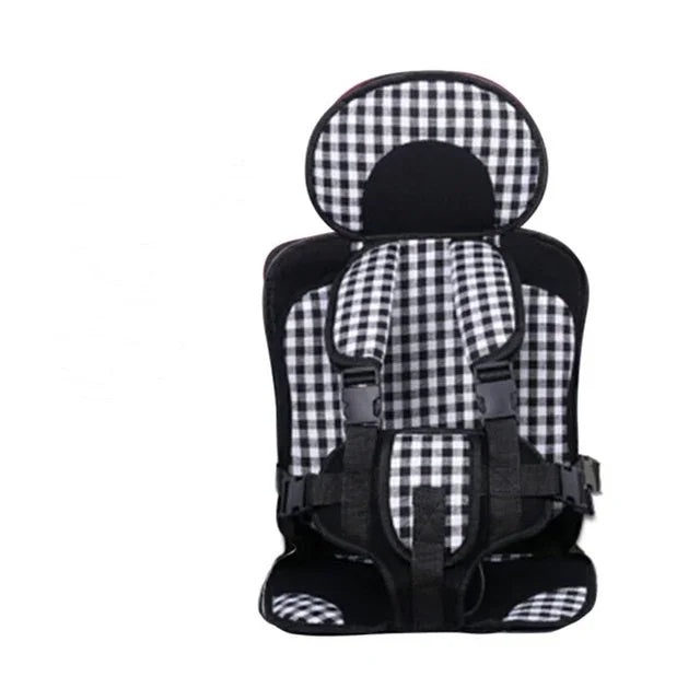 Black and white checkered toddler car safety seat with adjustable harness straps