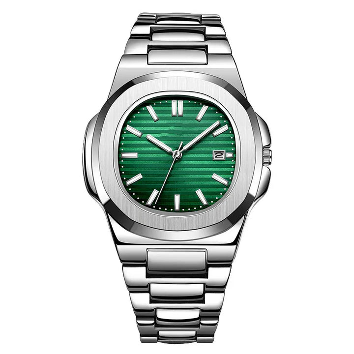 Silver stainless steel wristwatch with green striped dial and date display at 3 o'clock