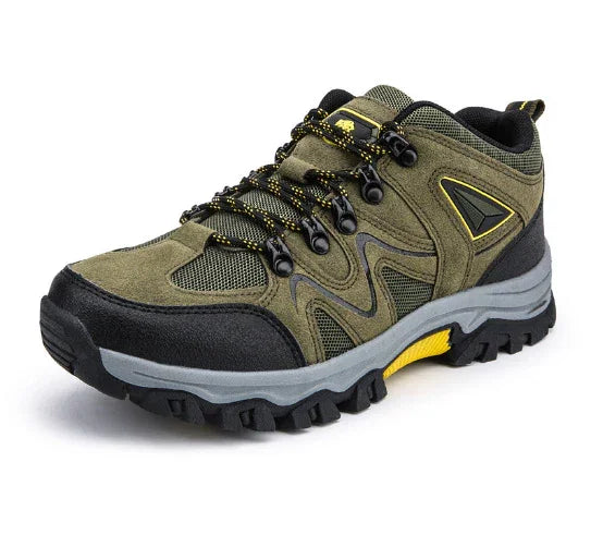 olive green and black hiking boot with yellow accents, rugged sole, breathable mesh, and lace hooks
