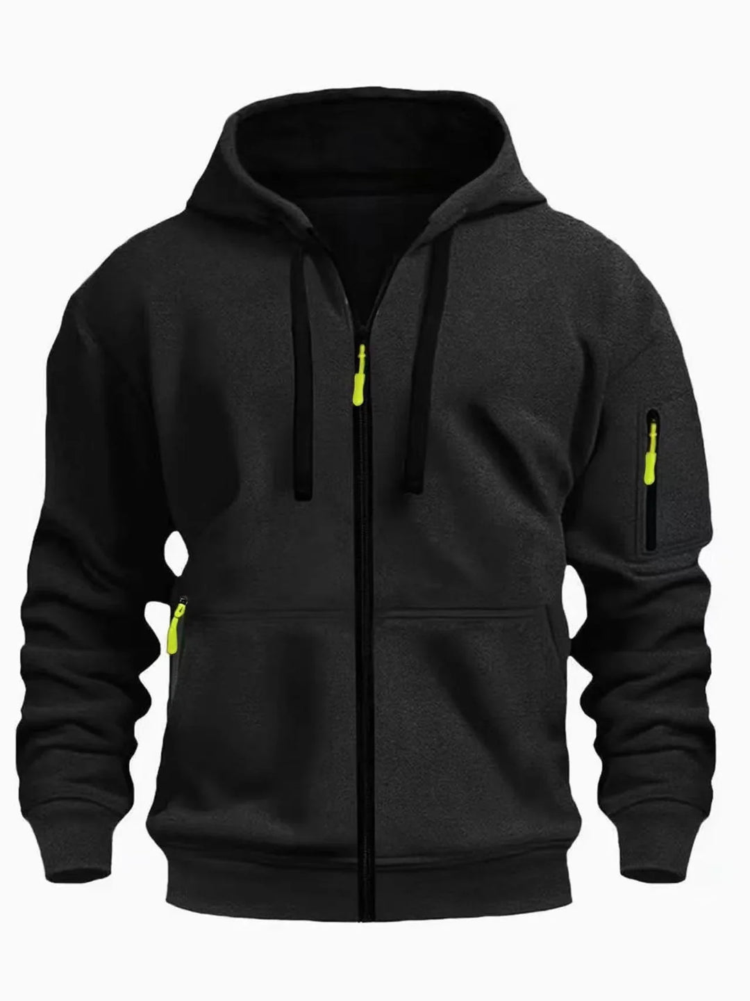 Black fleece full-zip hoodie with neon yellow zipper pulls and front pockets