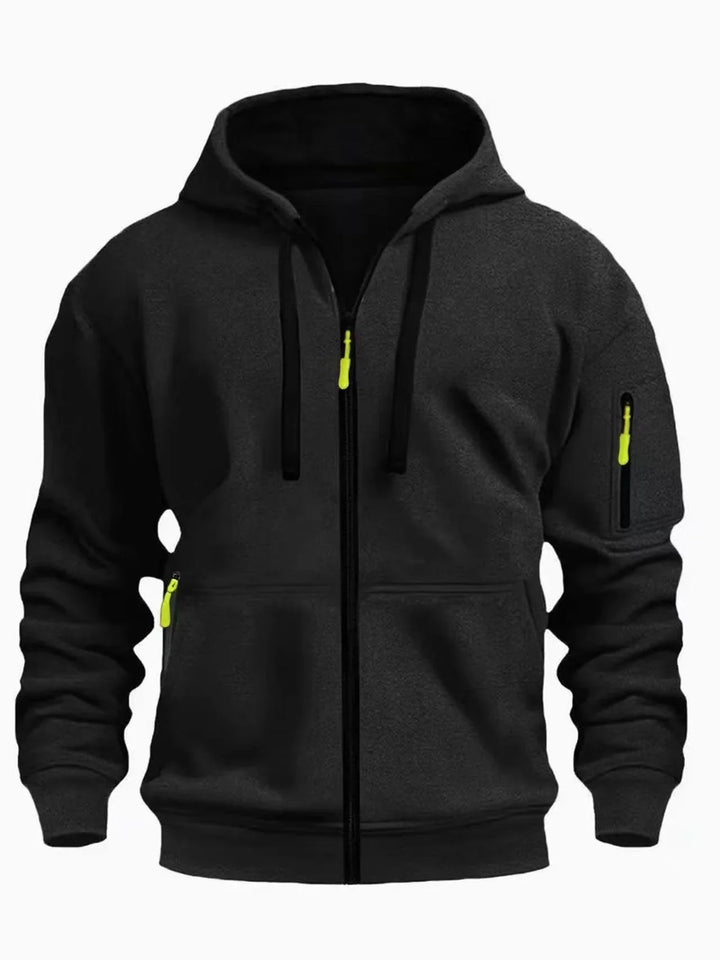 Black fleece full-zip hoodie with neon yellow zipper pulls and front pockets