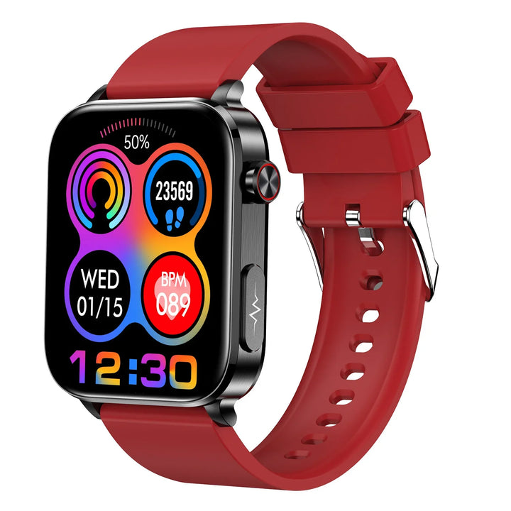 Smartwatch with red silicone strap showing colorful health and fitness metrics on digital display