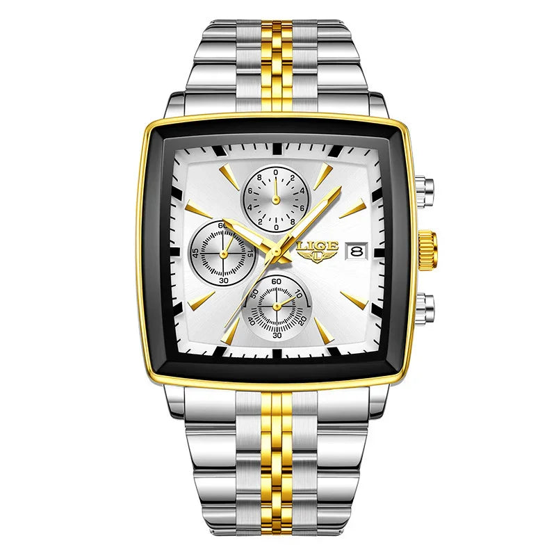 LIGE men's silver and gold chronograph watch with square white dial and metal bracelet