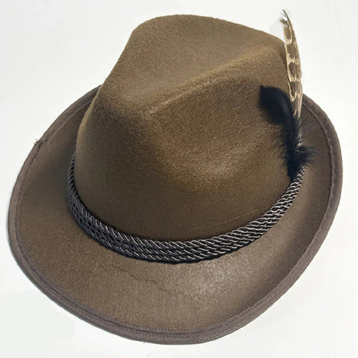 Brown felt fedora hat with black and white braided band and decorative feathers