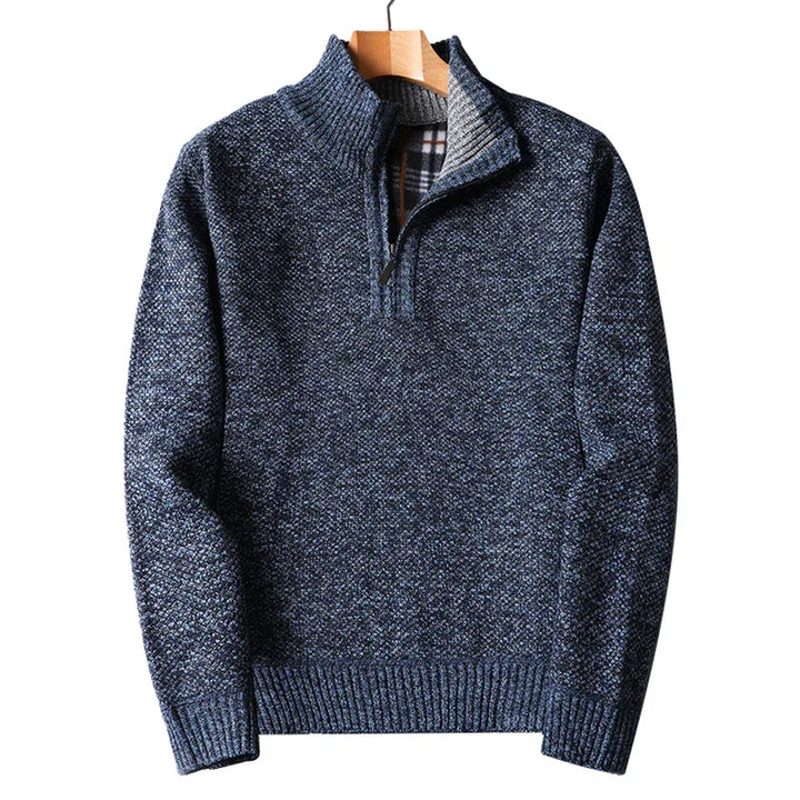 Men's blue textured knit quarter-zip sweater with ribbed cuffs and hem on wooden hanger