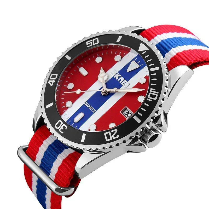 Silver quartz wristwatch with red, white, and blue striped dial and matching nylon strap