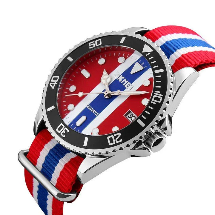 Silver quartz wristwatch with red, white, and blue striped dial and matching nylon strap
