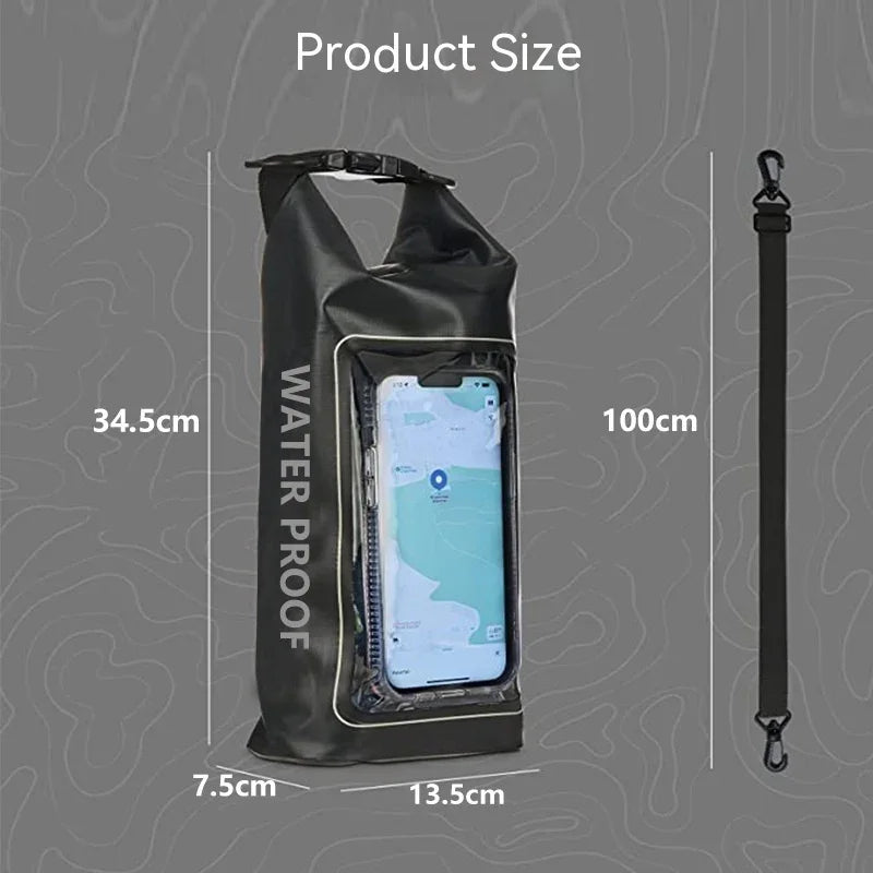 Black waterproof dry bag with clear phone pocket, measurement dimensions, detachable strap