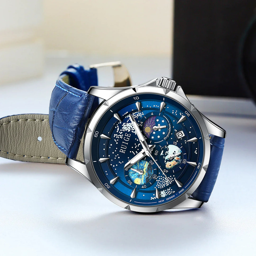Blue RUIGE wristwatch with celestial dial featuring stars, moon phases, and a textured blue leather strap