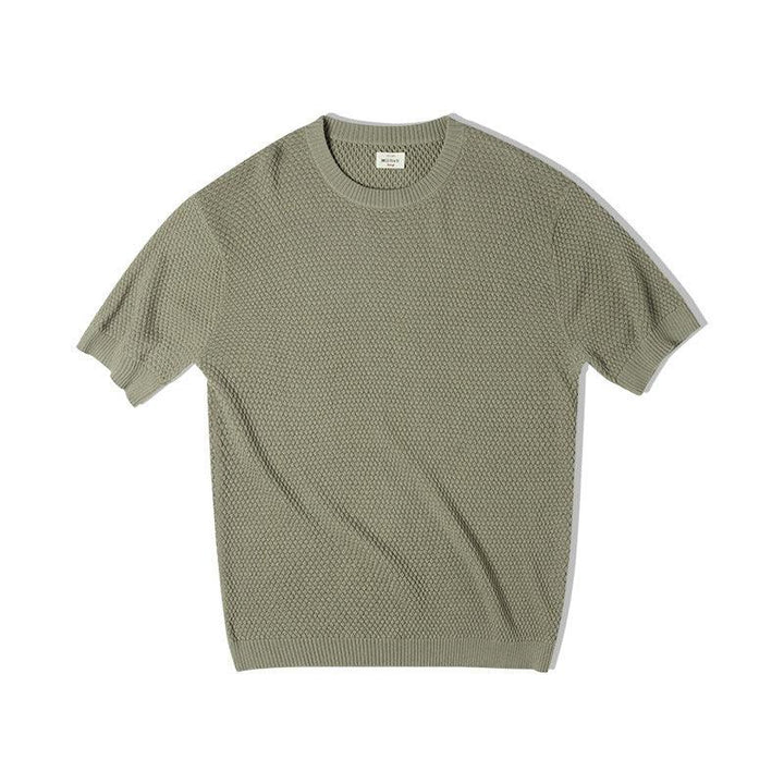 Olive green short-sleeve textured knit sweater with crew neck on white background