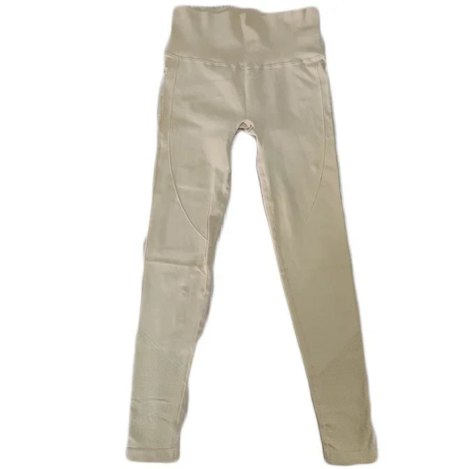 Beige women's high-waist full-length leggings with textured knee and calf panels