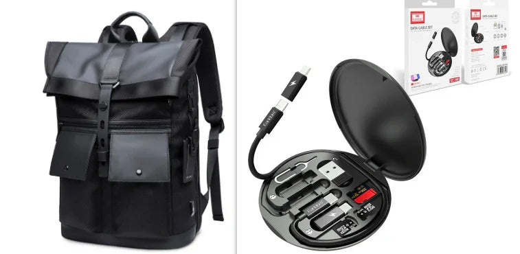 black leather backpack with front pockets and buckle alongside a round black tech organizer with USB and memory cards