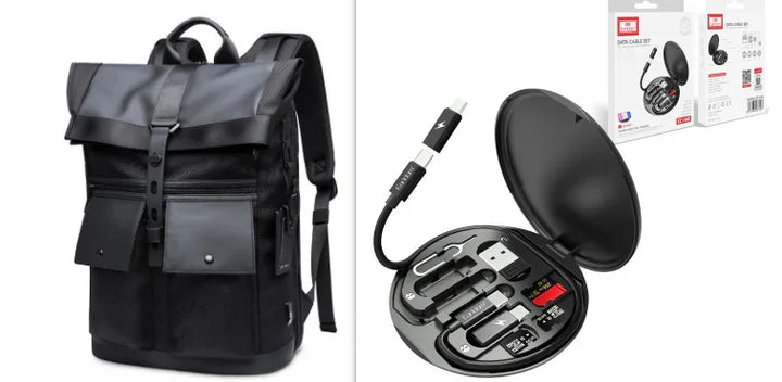 black leather backpack with front pockets and buckle alongside a round black tech organizer with USB and memory cards