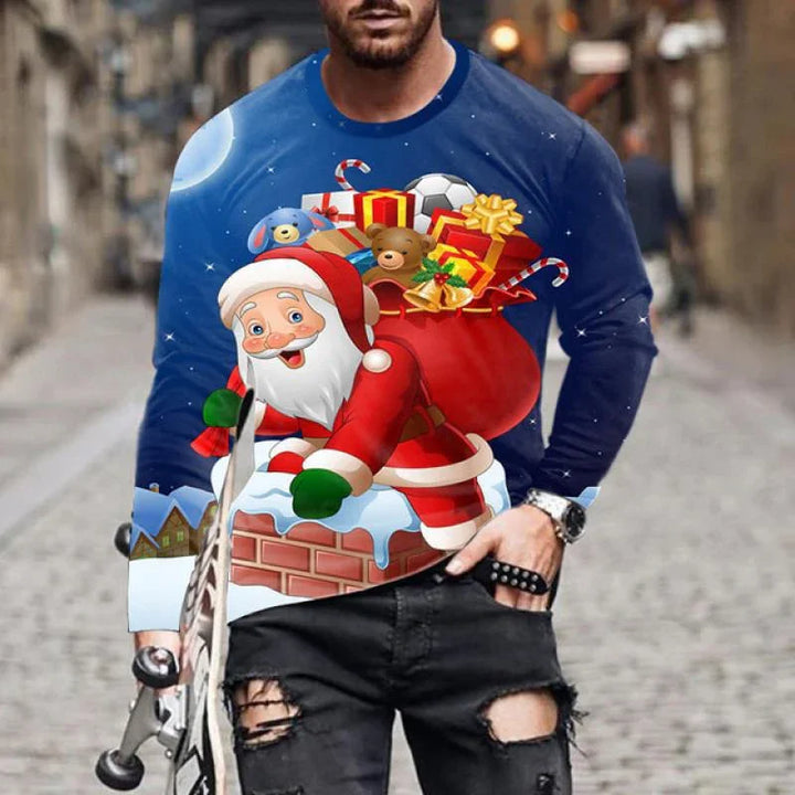 Man wearing Christmas sweater with Santa climbing chimney, presents, teddy bears, candy canes on navy background