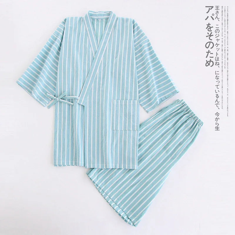 Light blue and white striped traditional Japanese yukata set with kimono-style top and elastic waist pants on white background