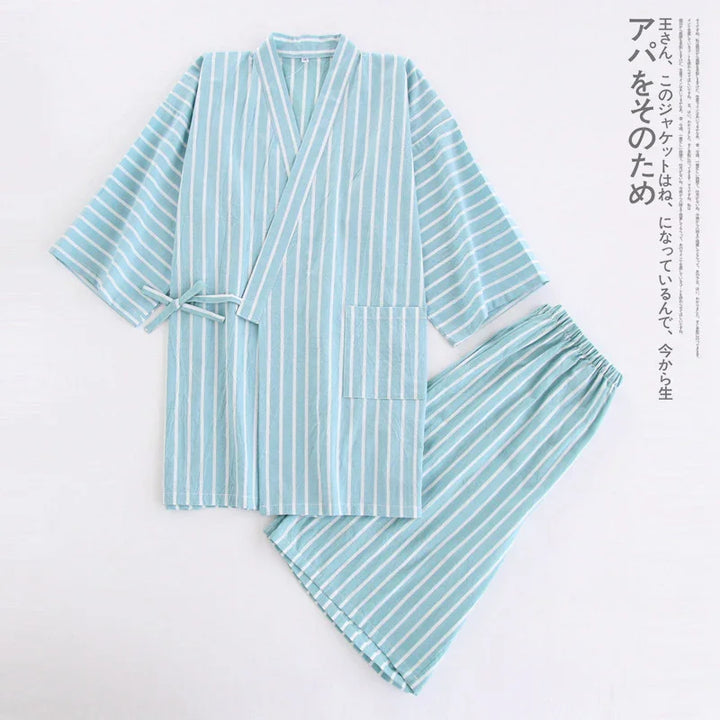 Light blue and white striped traditional Japanese yukata set with kimono-style top and elastic waist pants on white background