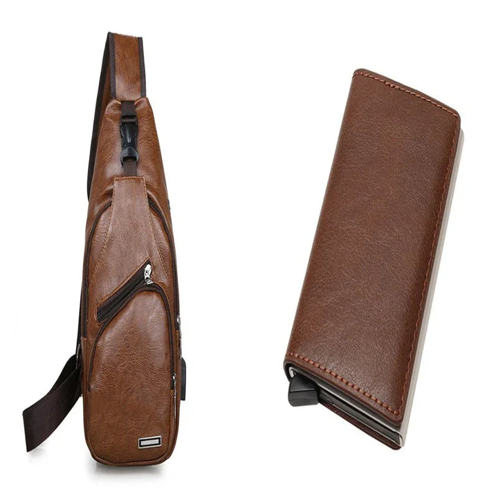 brown leather sling bag with multiple zip pockets and matching brown leather wallet