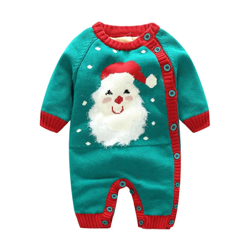 Teal baby onesie with red trim and Santa Claus face knit design, festive Christmas romper