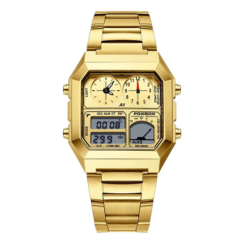 Gold FOXBOX digital and analog wristwatch with rectangular face and metal band