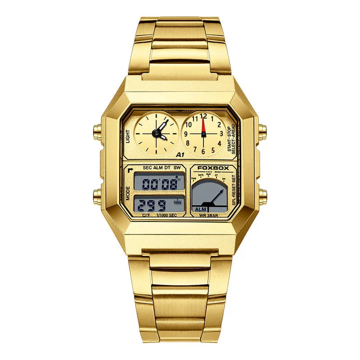 Gold FOXBOX digital and analog wristwatch with rectangular face and metal band