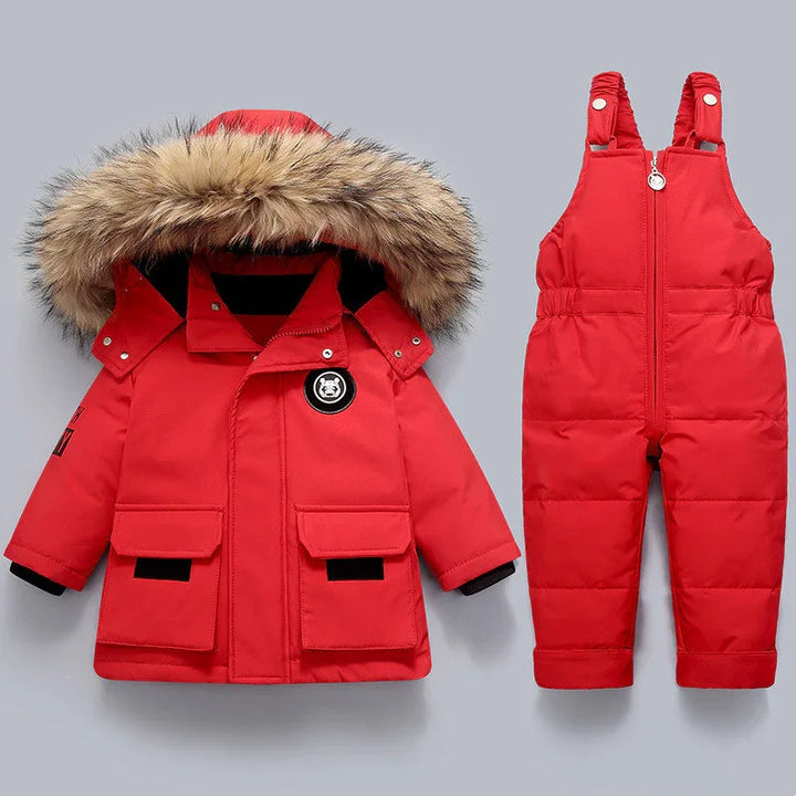 Red children's winter jacket with faux fur hood and matching insulated snow bib overalls