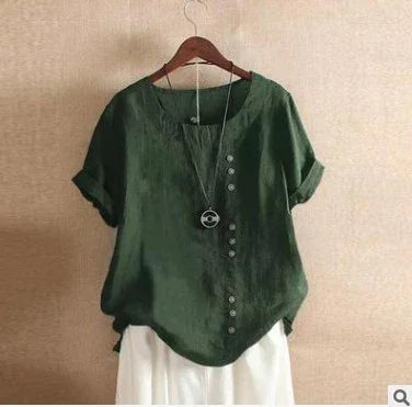 Green casual short-sleeve blouse with asymmetrical button design and rolled cuffs on hanger