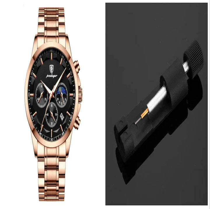 Rose gold wristwatch with black dial and chronograph on left, black metal watch link pin remover on right
