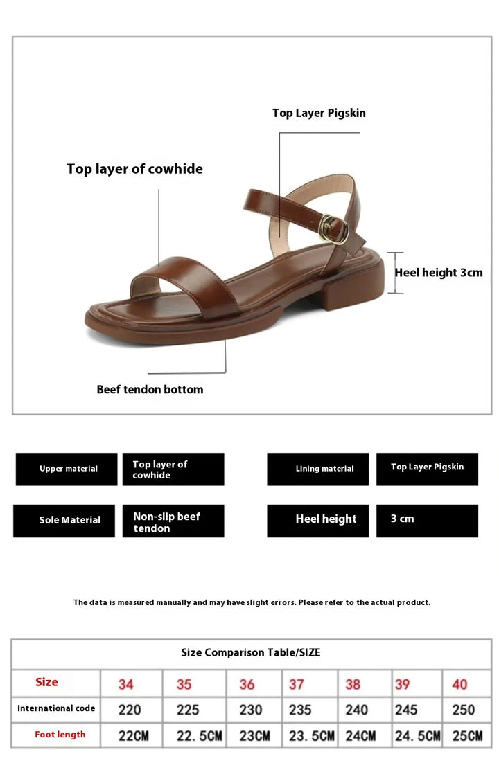 Brown leather sandal with 3cm heel, top layer cowhide upper, pigskin lining, beef tendon sole