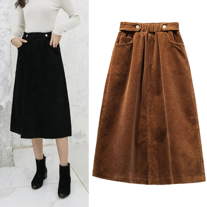 Black and brown corduroy midi skirts with pockets, styled with boots and a cream sweater