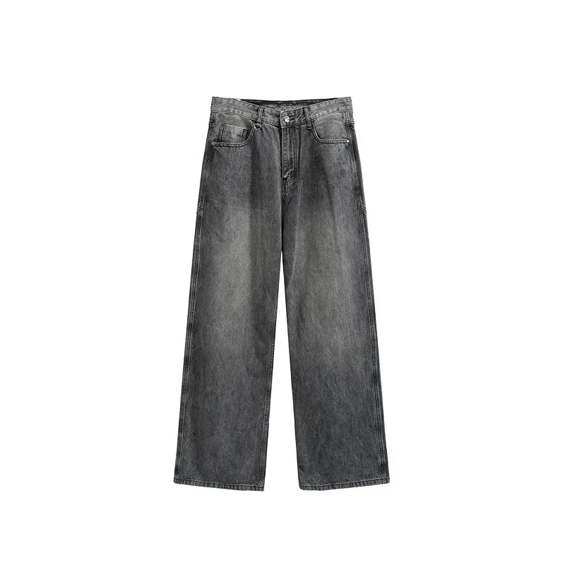 Wide-leg black washed denim jeans with button closure and front pockets