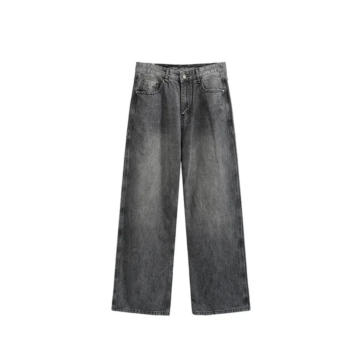 Wide-leg black washed denim jeans with button closure and front pockets