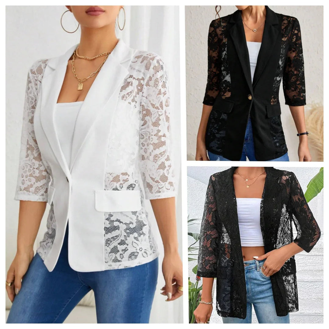 Women wearing stylish lace blazer jackets in white and black with three-quarter sleeves and casual jeans