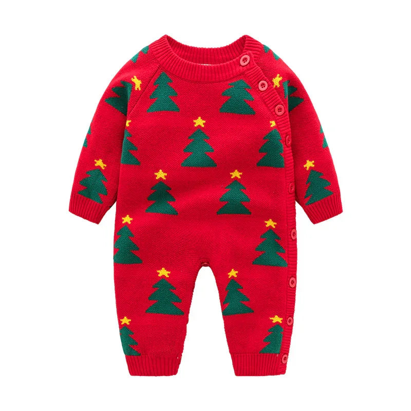 Red baby onesie with green Christmas tree and yellow star knit pattern and side button closure