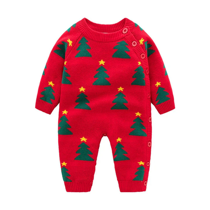 Red baby onesie with green Christmas tree and yellow star knit pattern and side button closure