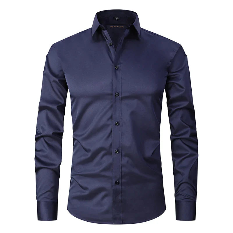 Men's slim fit navy blue dress shirt with long sleeves and button-down front