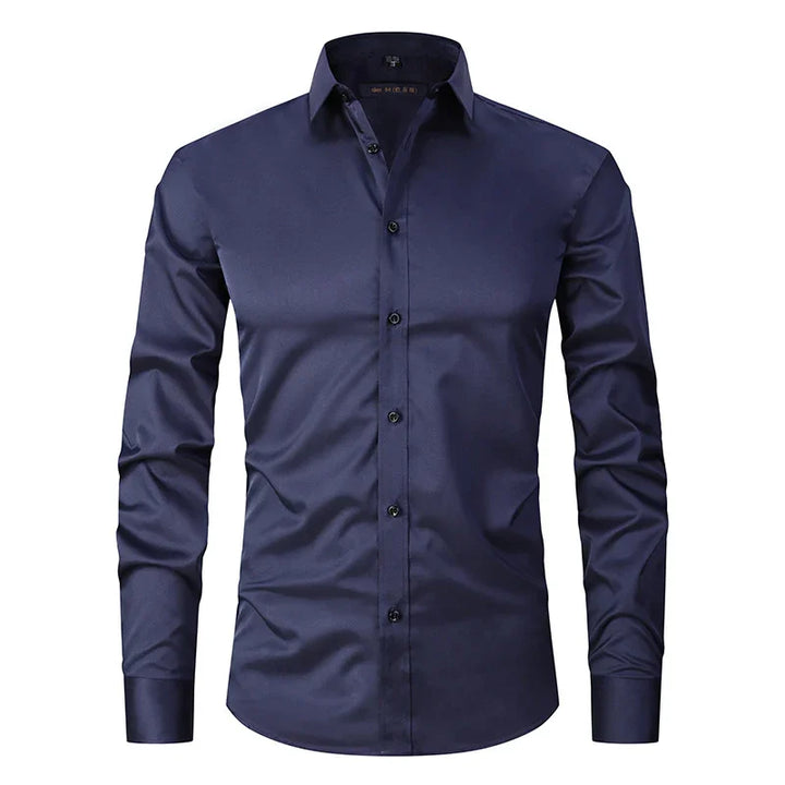 Men's slim fit navy blue dress shirt with long sleeves and button-down front
