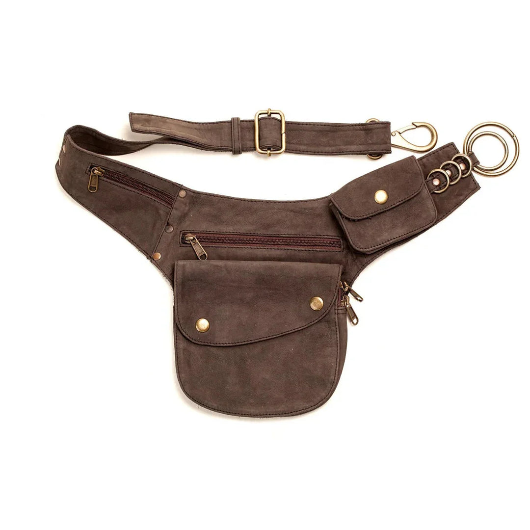brown suede waist bag with multiple zippered pockets, gold hardware, and adjustable strap