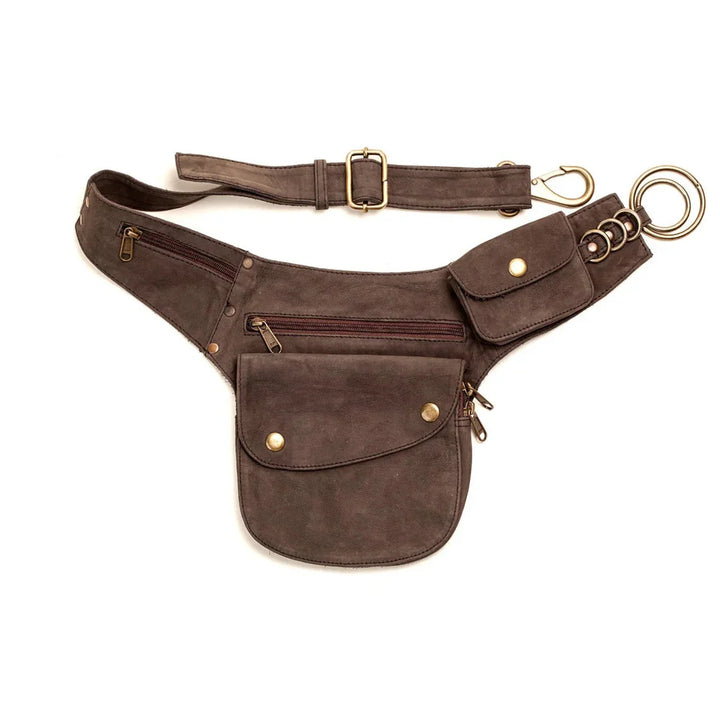 brown suede waist bag with multiple zippered pockets, gold hardware, and adjustable strap