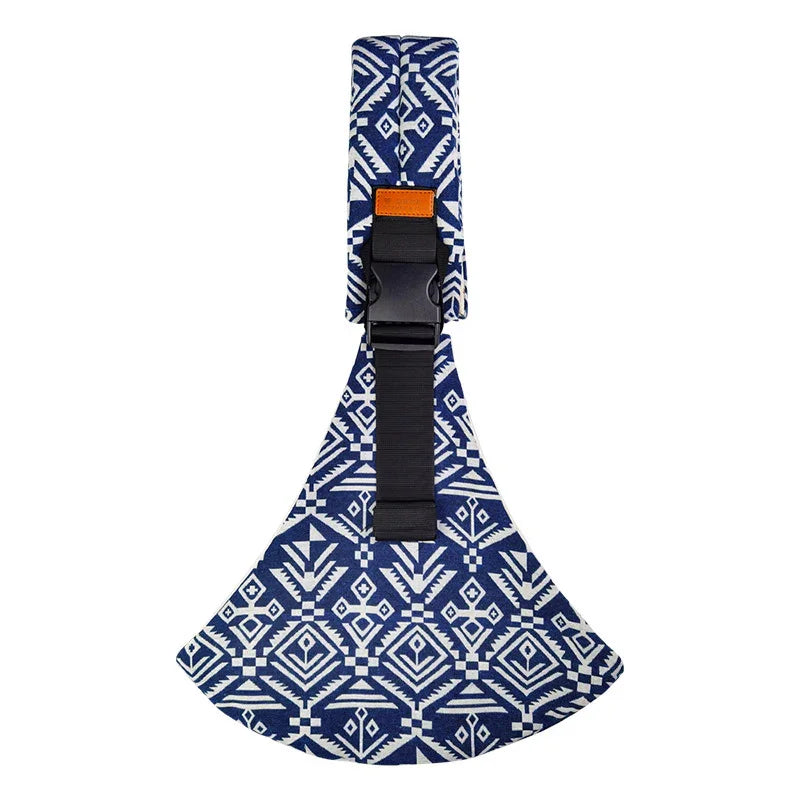 Blue and white tribal patterned fabric dog harness with black adjustable strap and plastic buckle