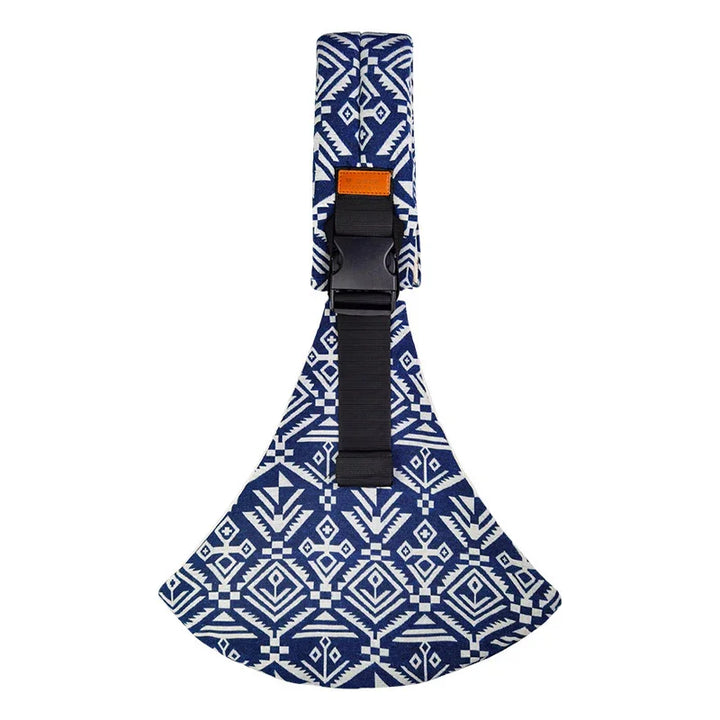 Blue and white tribal patterned fabric dog harness with black adjustable strap and plastic buckle