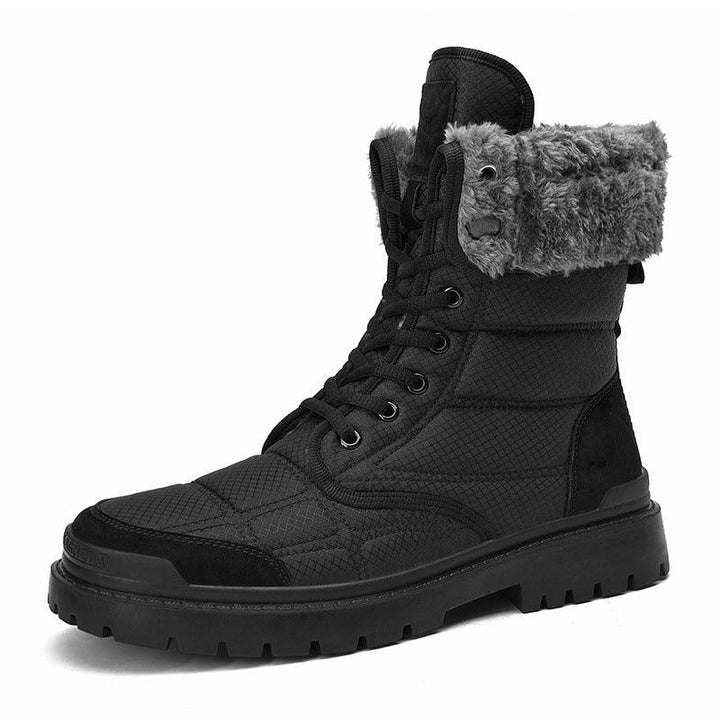 Black winter boot with fur collar, quilted fabric upper, and rugged rubber sole