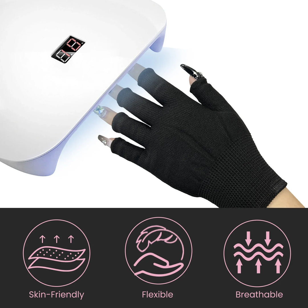 Black breathable flexible skin-friendly glove for UV nail lamp manicure with decorated nails