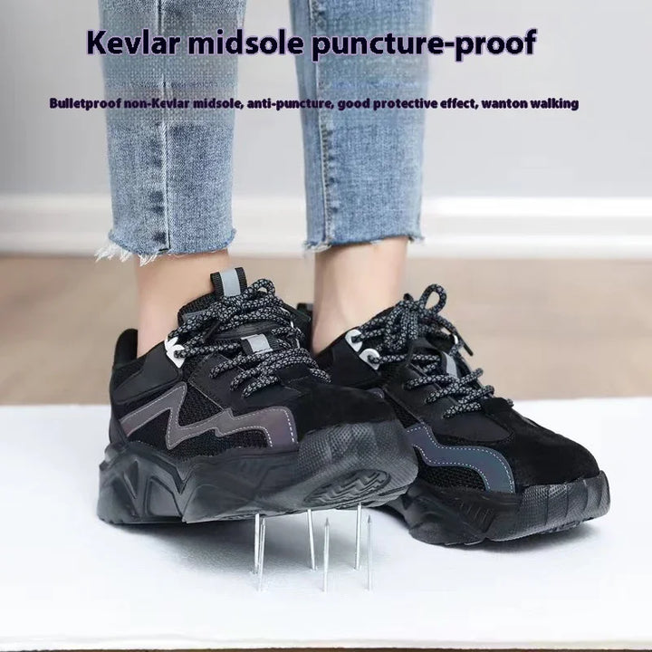 Person wearing black Kevlar midsole puncture-proof work shoes stepping on nails on white floor