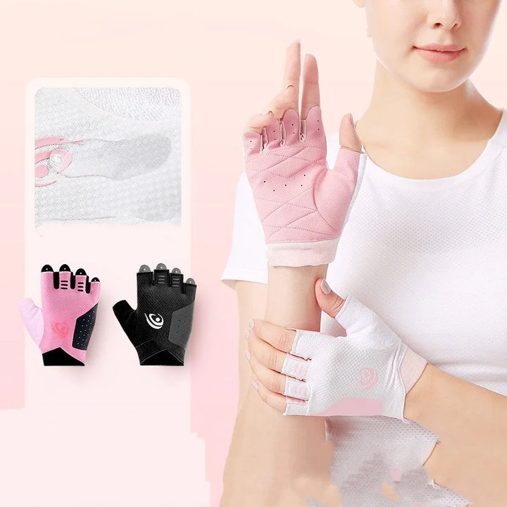 Woman wearing pink and white fingerless cycling gloves, black and pink glove options displayed.