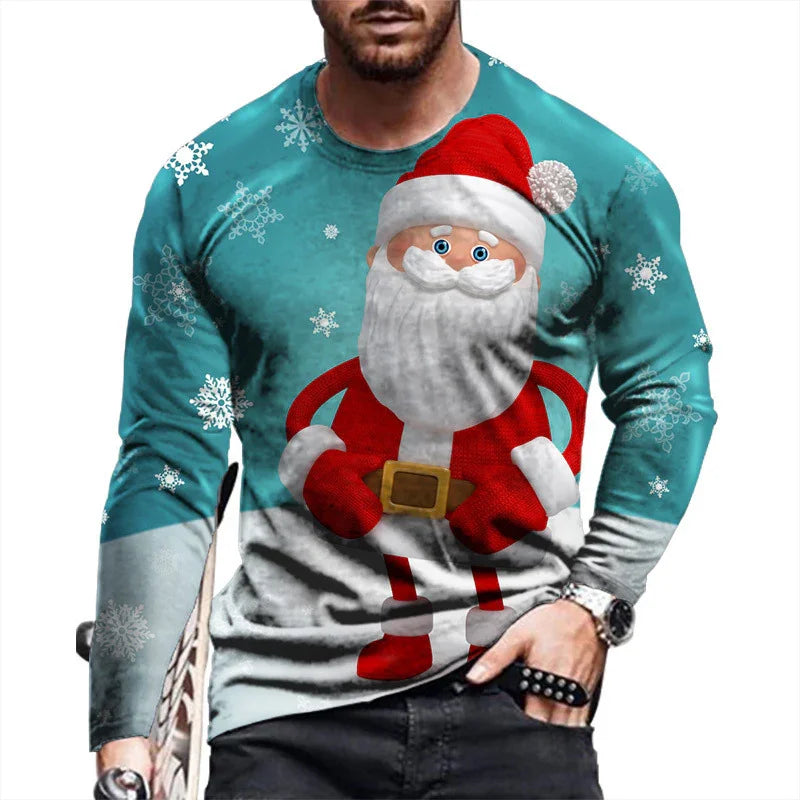 Man wearing teal Christmas sweater with cartoon Santa Claus and snowflakes, black jeans