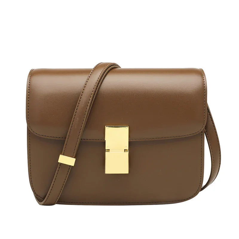 Brown leather crossbody bag with gold rectangular clasp and adjustable strap