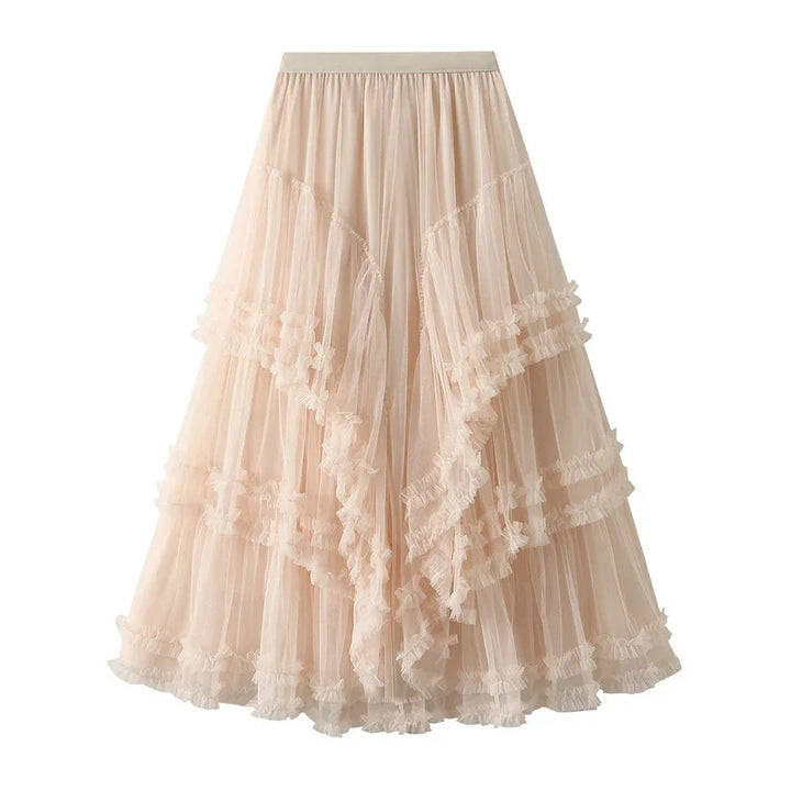 Elegant beige tulle midi skirt with layered ruffles and soft elastic waistband