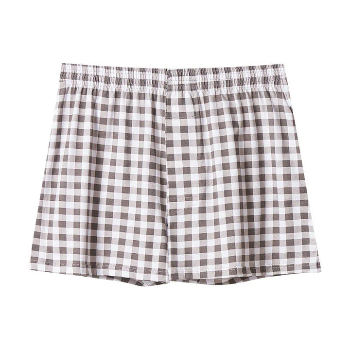 Men's brown and white checkered cotton boxer shorts with elastic waistband